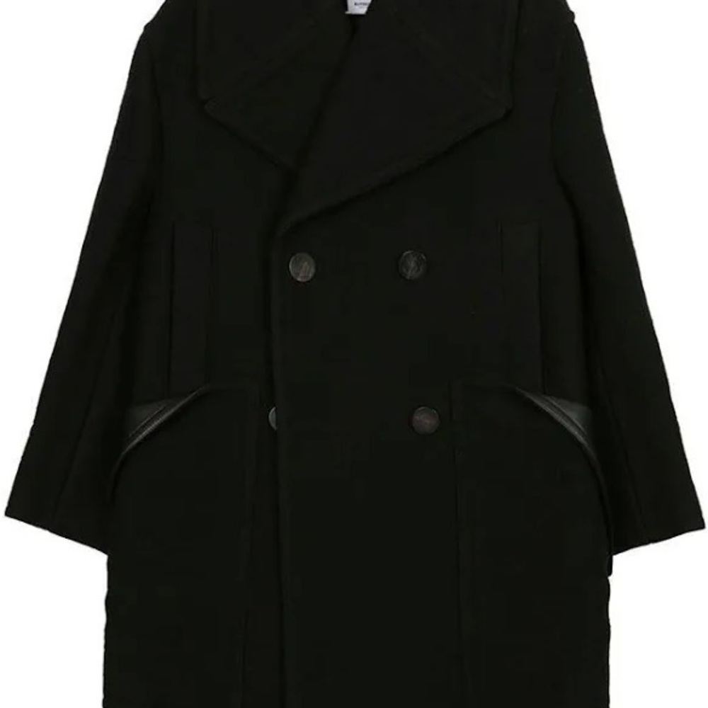 BURBERRY Wool Coat Oversized Notched Collar Leather Trim Black - Picture 8 of 11